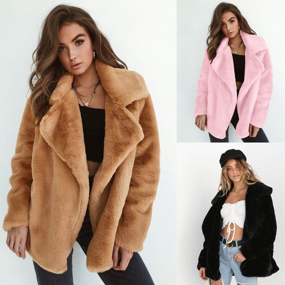 Winter Soft Plush Slim Women Jackets Turn Down Collar Warm