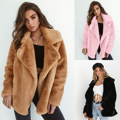 Winter Soft Plush Slim Women Jackets Turn Down Collar Warm