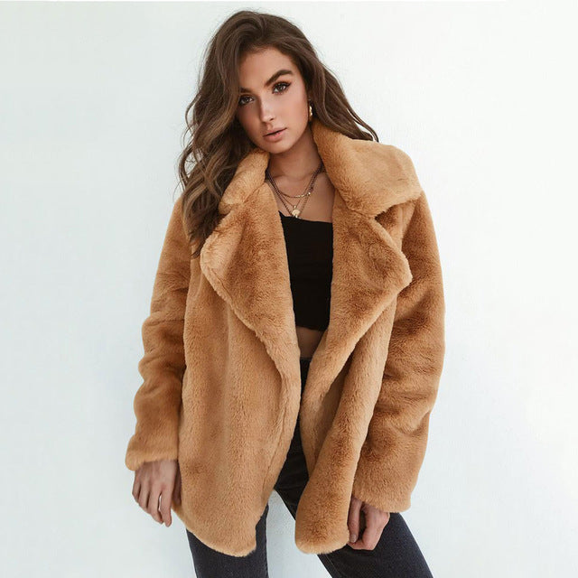 Winter Soft Plush Slim Women Jackets Turn Down Collar Warm