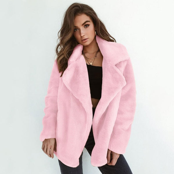 Winter Soft Plush Slim Women Jackets Turn Down Collar Warm
